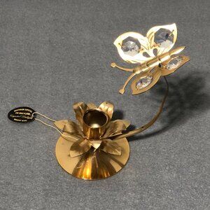 Vintage Austrian Candle Holder Crystal 24K Gold Plated Butterfly Flower MCM